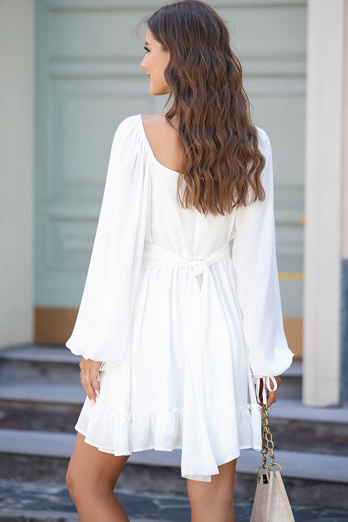 Women's ruffled knee-length skirt slim high waist long sleeve dress