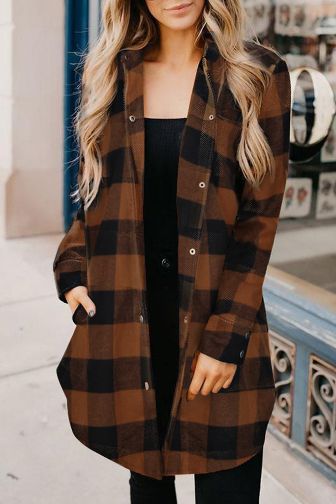 Lapel plaid shirt women's mid-length long-sleeved autumn and winter coat